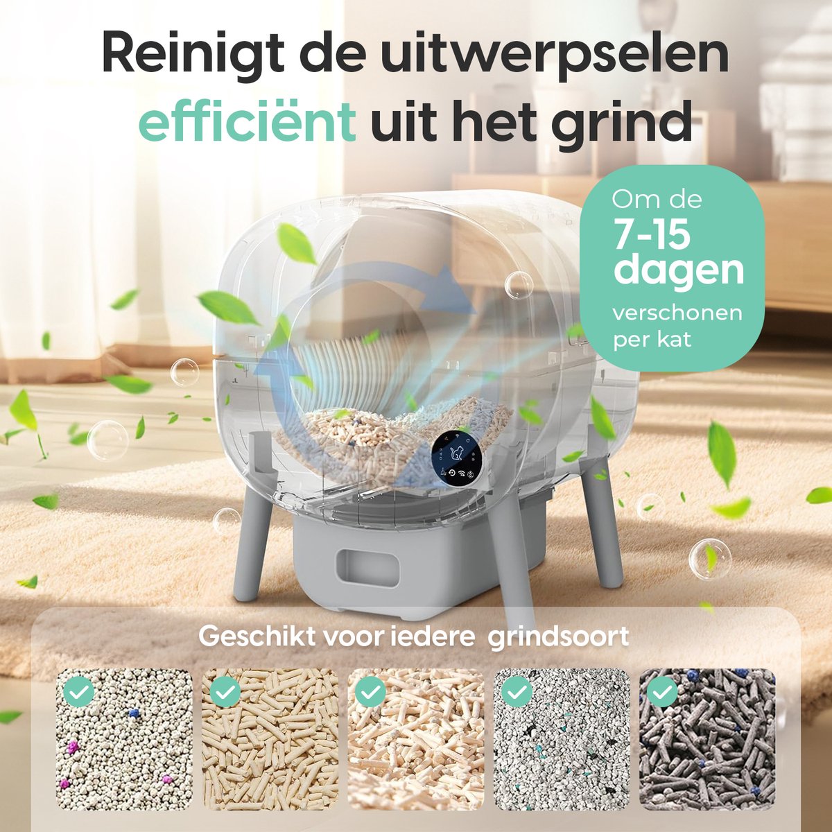 Cellavi Zelfreinigende Kattenbak NEO-B - Automatische Kattenbak met App - Extra Groot XXL (95L) - Stankvrij - LED Verlichting - Voor 1 t/m 3 Katten thumbnail 6