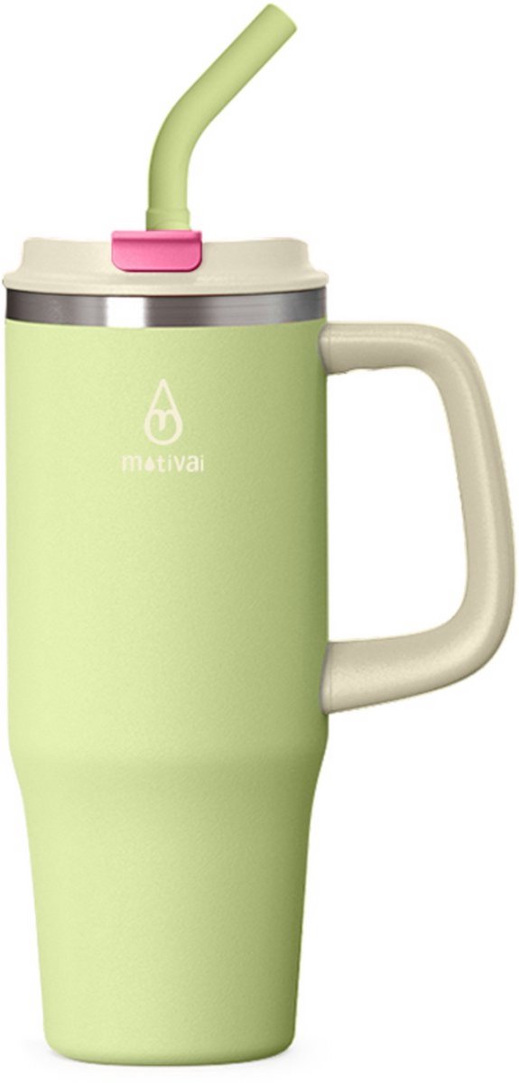 Motivai StrawUp RVS Drinkbeker met Rietje en Handvat – 950ML – 100% Lekvrij & Dubbelwandig – Thermosbeker To Go – Lime
