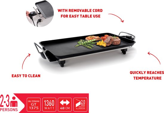Elektrische grillplaat GT 1375 met biefstuk, zalm en groenten. Tekst geeft aan 'EASY TO CLEAN', 'QUICKLY REACHES TEMPERATURE' en 'WITH REMOVABLE CORD'.