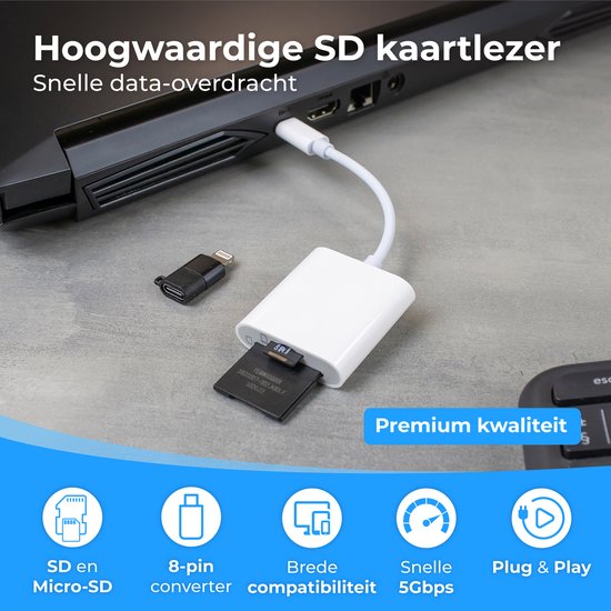 Nuvance SD Kaart Lezer - SD Kaartlezer USB C - Card Reader - Incl. 8-Pin Converter - Geheugenkaartlezer Micro SD