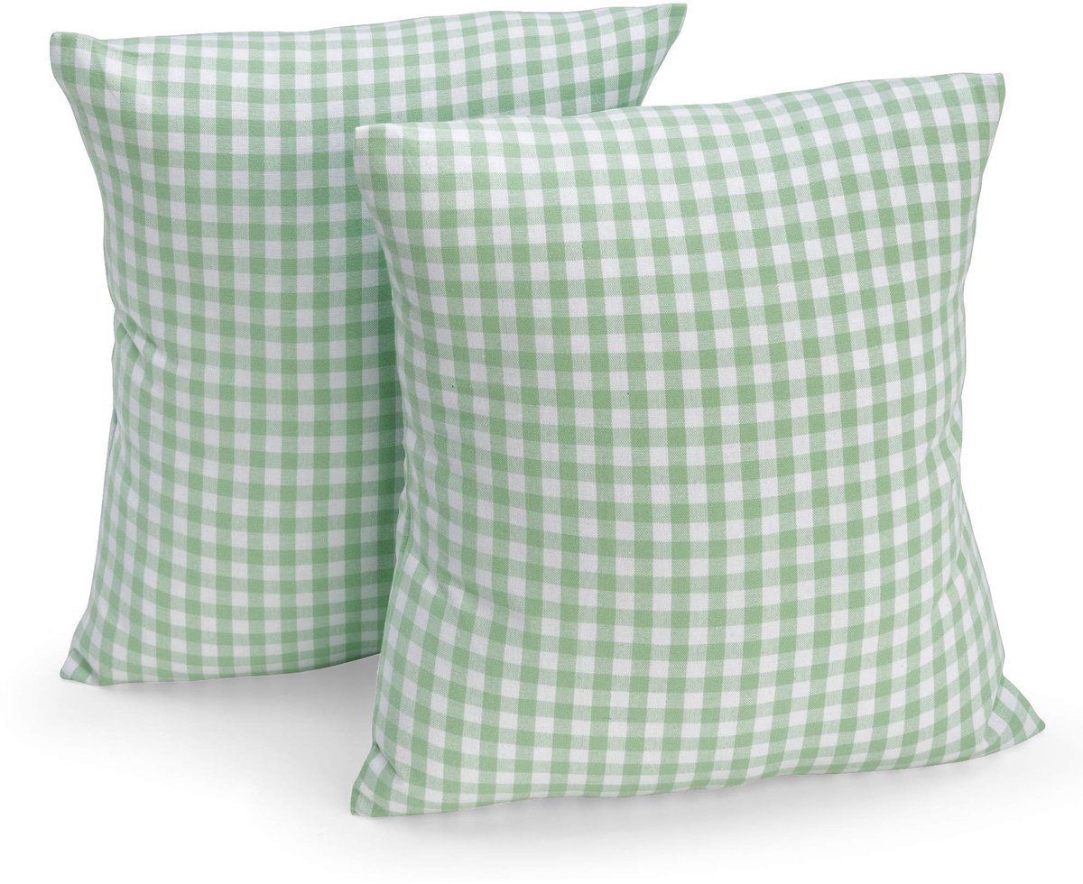 Ibenzoa Katoenen Kussensloop Set van 2 met Tijdloos Geruit Design in Mintwit, 40 x 40 cm groen