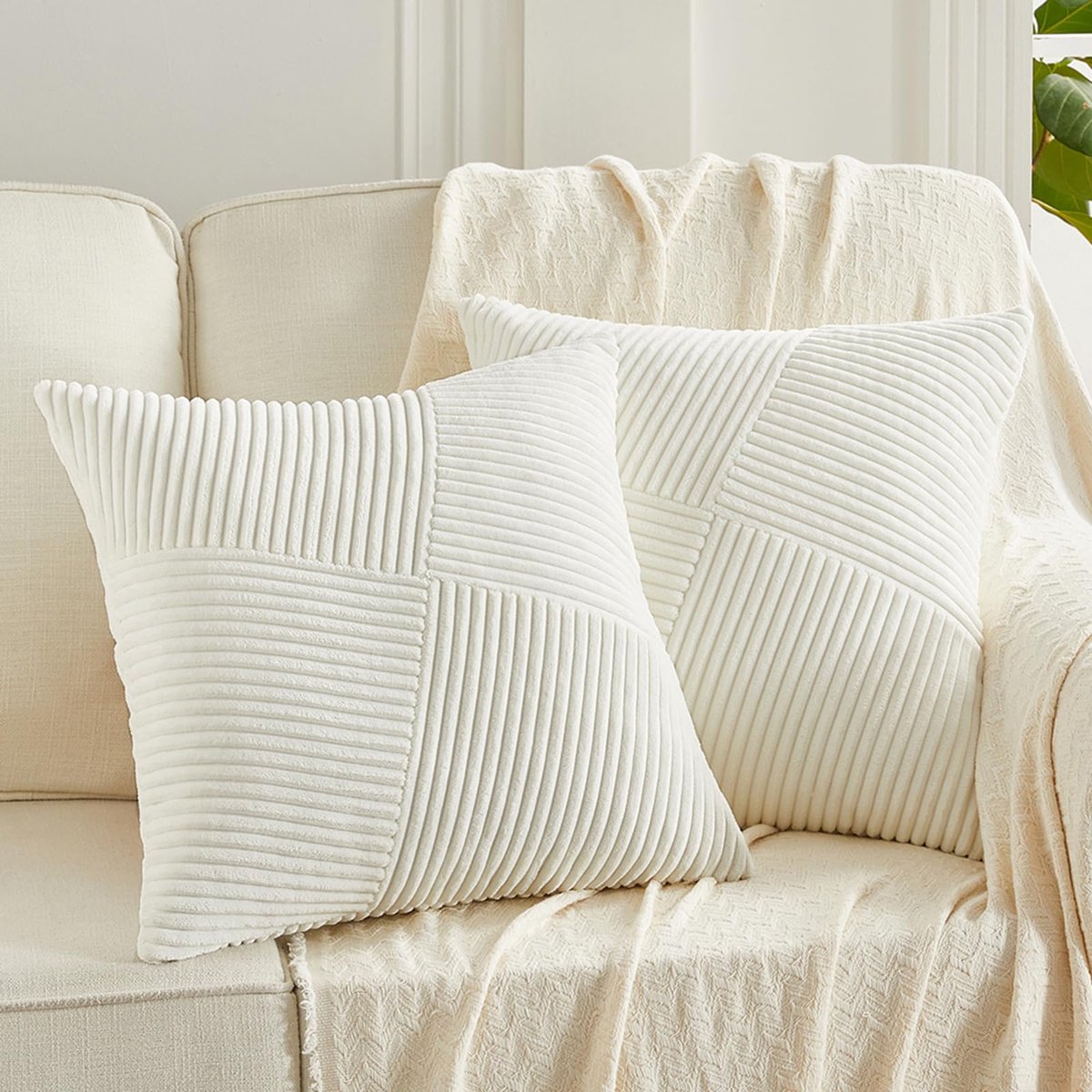 Ibenzoa Set van 2 stijlvolle kussenslopen 40x40 cm met diagonaal gestreept corduroy ontwerp wit