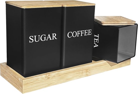 Set de 3 boîtes à thé, café, sucre - thé noir - café - sucre - boîte à jerrycan en métal avec couvercle hermétique en bambou et plateau