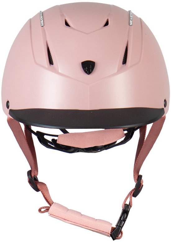 Roze rijhelm met zilveren accenten, verstelbare bandjes en ventilatie.
