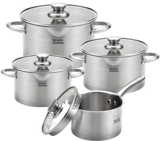 Batterie de cuisine Savoré Kitchen 8 pièces en acier inoxydable - Casseroles de cuisson en Verres - Casseroles et poêles induction - Bord égouttoir, graduation et bec verseur