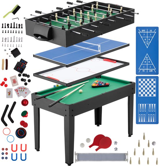 tectake® Multifuntionele Speeltafel SirGameALot - Multispeltafel met 15 Spellen - 125 x 123 x 83 cm - Te gebruiken als Pooltafel, Tafelvoetbal, Tafeltennis, Airhockey, Schaken en Dammen - Inclusief alle nodige Accessoires - Activiteiten Tafel