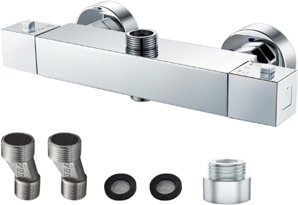Thuys – Douchekraan Met Thermostaat – Vierkante Douche – Armatuur – Messing Mengkraan Met 2 Uitlaten