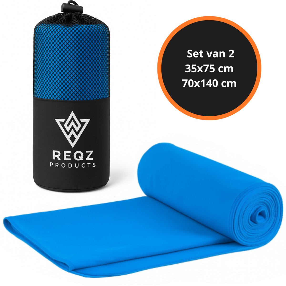 Microvezel Handdoek Set – 2 stuks + Mesh Opbergzak – Blauw - Sneldrogend en Lichtgewicht – Ideaal voor Reizen, Sport, Fitness & Kamperen