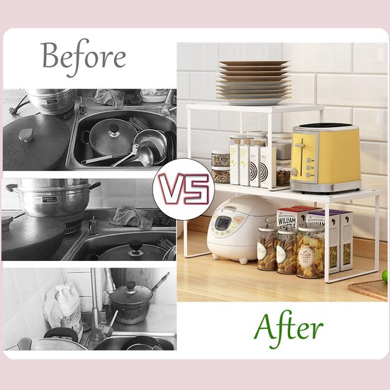 Keebgyy 2-Lagen Slide Out Sink Plank Kast Opbergplanken, Tafelblad Keuken Opbergrek Witte Plastic Dubbele Lagen Telescopische Keuken Plank Organizer voor Thuis Fornuis Wastafel(8512 1