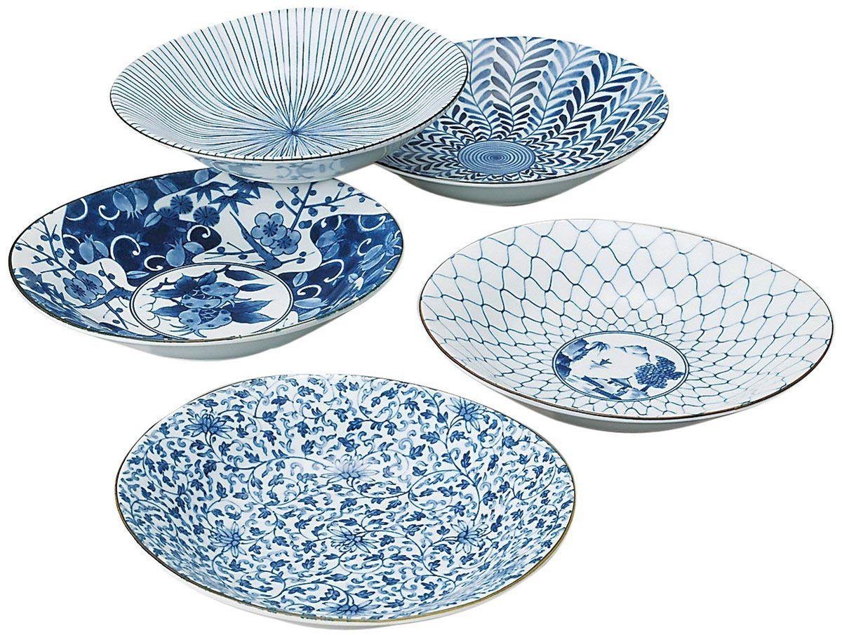 Saikai Pottery Traditionele Japanse Ai-e (Ukiyo-e) Indigo Patroon Porseleinen Borden (5 Borden) 31302 uit Japan