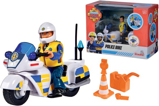 Speelgoed politiemotor met figuur en accessoires, deels in en deels uit de verpakking met "POLICE BIKE" tekst.