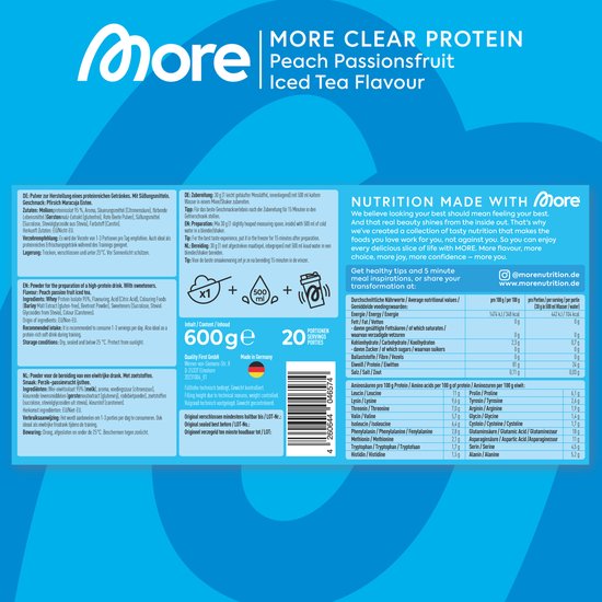 MORE NUTRITION Clear Whey Isolate Proteine Poeder, Peach Passion Fruit Ice Tea, 600 g, 20 Porties Heldere Wei Poeder - Lactosevrij Eiwitshake — afbeelding 3