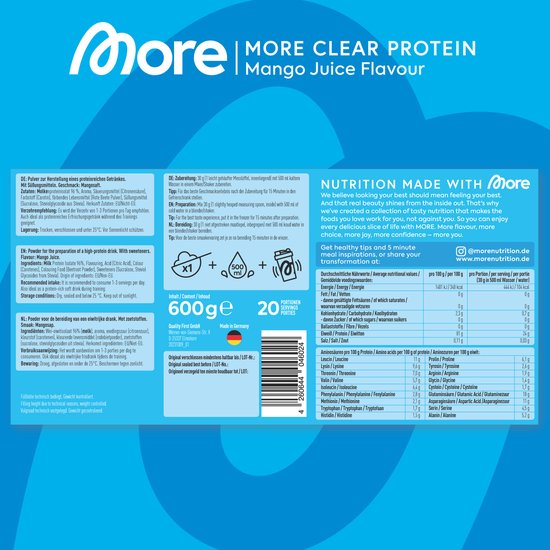 MORE NUTRITION Clear Whey Isolate Proteine Poeder, Mango Juice, 600 g, 20 Porties Heldere Wei Poeder - Lactosevrij Eiwitshake — afbeelding 3