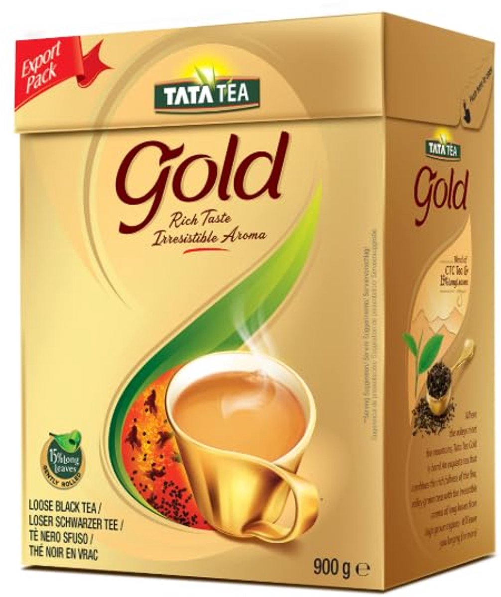 Tata Tea Gold Zwarte Thee 900 g - Premium Zwarte Thee Losse Intense Aroma & Smaak Indiase Zwarte Theebladthee Aromatisch & Verkwikkend Ongekruid met Kajal Sticker