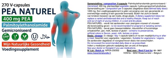 Man met rode pijnplekken op rug en nek. Fles 270 V-capsules PEA NATUREL 400 mg.