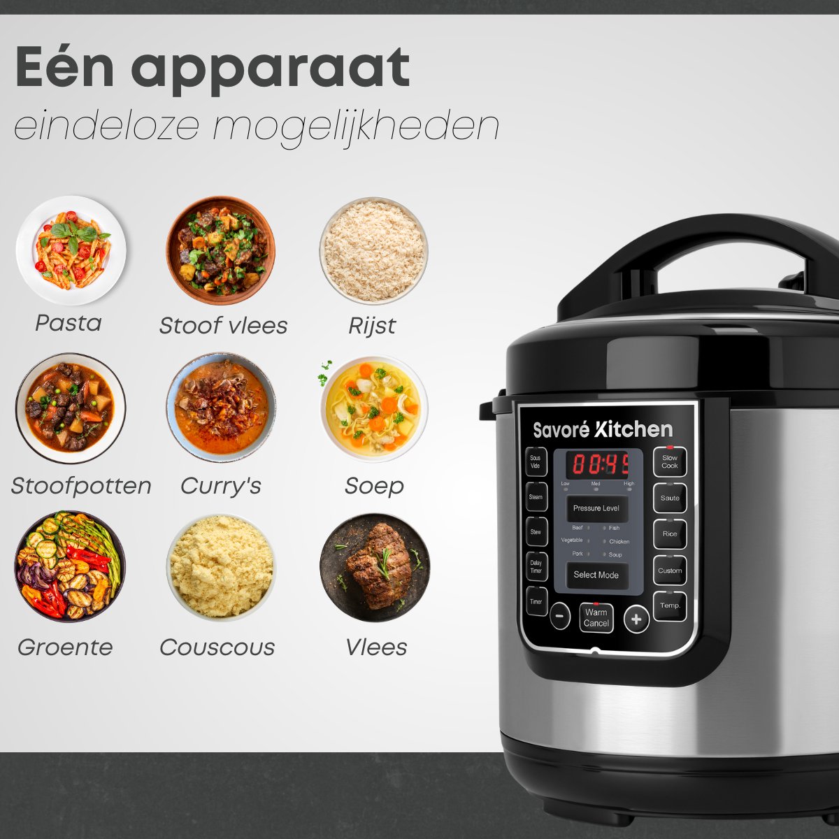 Savoré Kitchen Pressure Cooker 6L – Tot 6 Pers. – PFAS-vrij – 29 × 33,5 cm – Snelkookpan, Rijstkoker, Slowcooker, Stomer, Sous-vide & Multicooker – foto 8