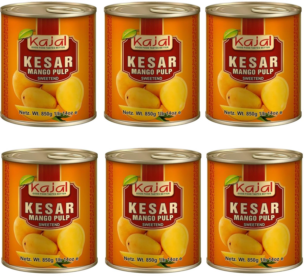 Kesar Premium Mango Puree – 6 x 850 g | Zonder Toevoegingen | Ideaal voor Mango Shakes, Lassi, Desserts & Curry | Natuurlijk & Zoet met Kajal Sticker