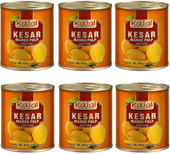 Kesar Premium Mango Puree – 6 x 850 g | Zonder Toevoegingen | Ideaal voor Mango Shakes, Lassi, Desserts & Curry | Natuurlijk & Zoet met Kajal Sticker
