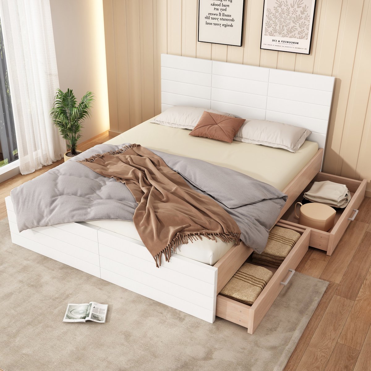 Pugsdrly Tweepersoonsbed Houten bed 140×200 cm met 2 lades, modern bed incl. bedframe en lattenbodem - 207×80×145 cm (L×H×B) Set in eiken/wit (zonder matras)
