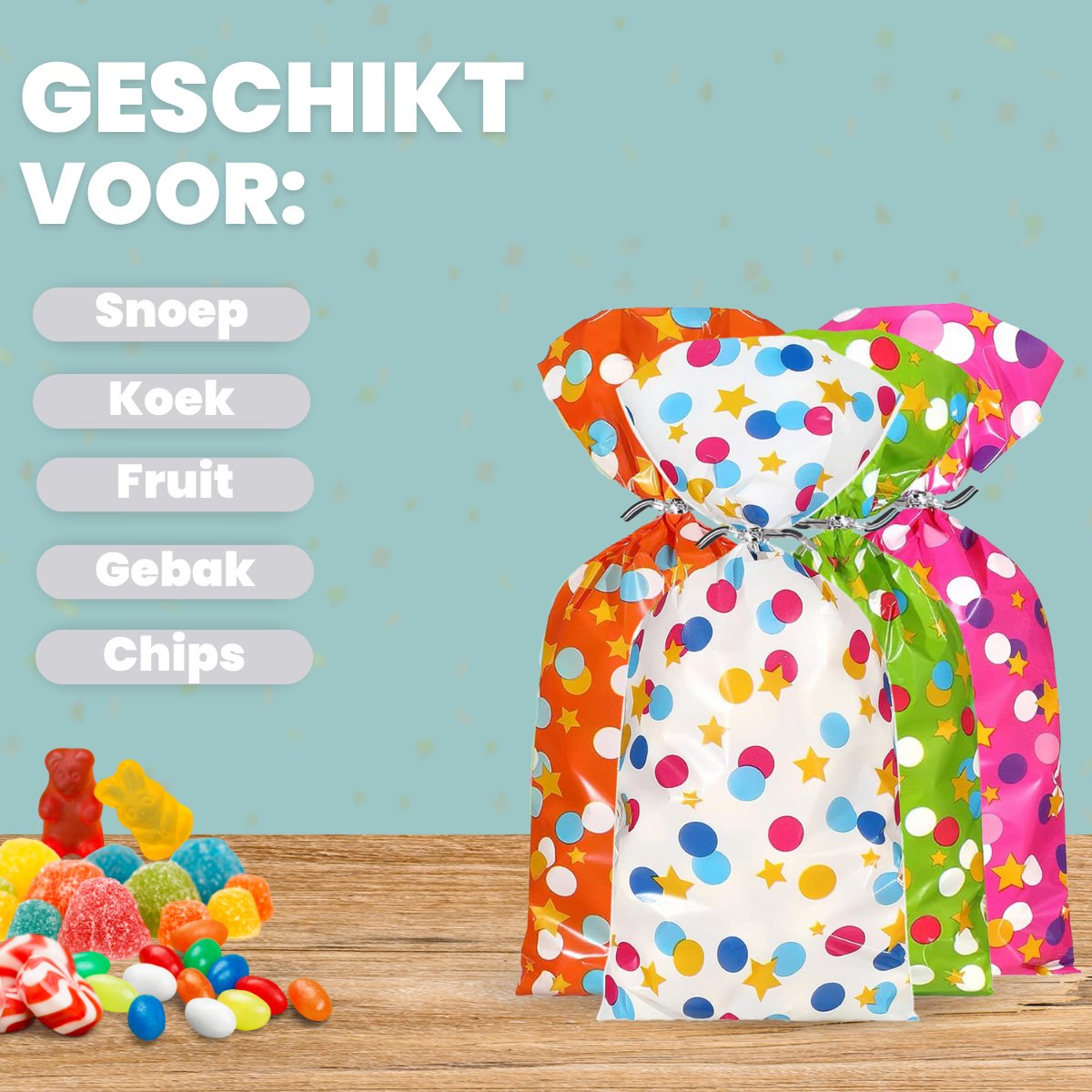 Feestio Uitdeelzakjes Gekleurd - 200 Stuks - Snoepzakjes - Traktatie Zakjes Kinderfeestje - Cellofaanzakjes Transparant - Cadeauzakjes - Snoepzak — afbeelding 3