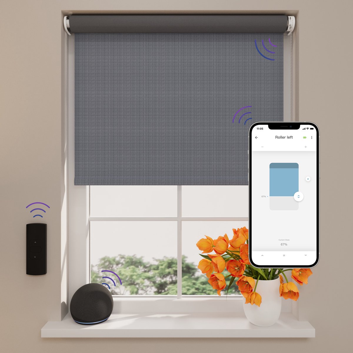 DTCH® Elektrisch Rolgordijn Verduisterend - Easy Blended - Steel Grey - 130 x 190 cm - Motionblinds CMD-02-P