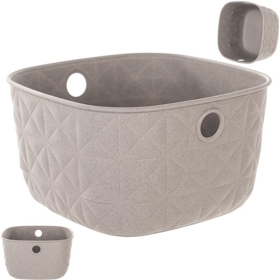 Panier gris à motif losange, poignées et petites taches, avec des images plus petites.