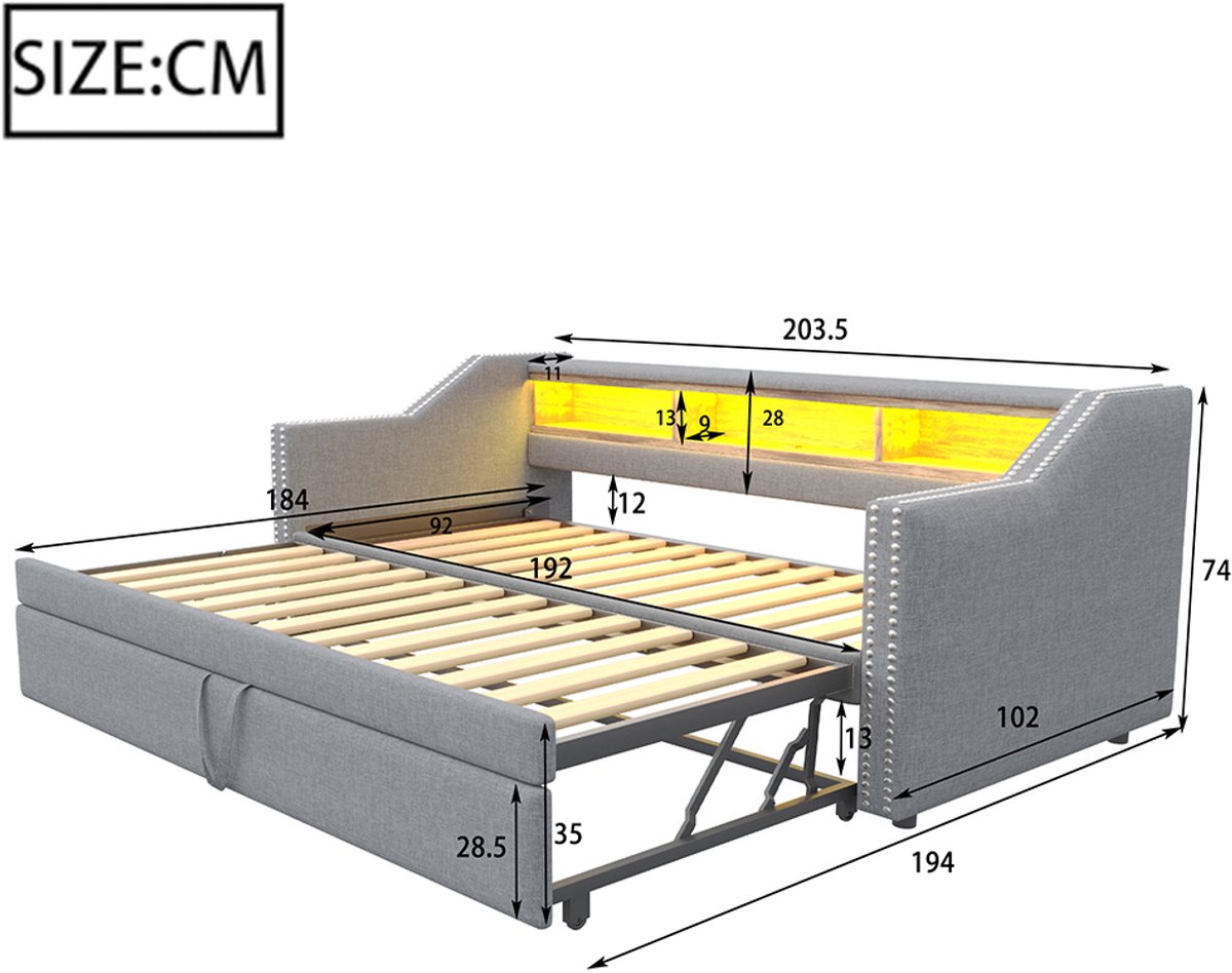 Komhtom Volwassen bed Enkel bed Sofa bed 90/180 x 190 cm LED licht en USB stopcontact Lichtgrijs