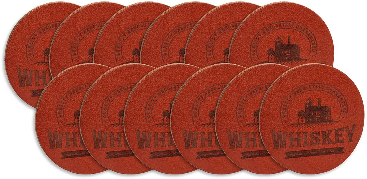 C4B - Ronde onderzetters van volnerf leer Ø 10 cm - Set onderzetters voor glazen - Onderzetters van 100% leer - Eenvoudig schoon te maken onderzetter - Gemaakt in de EU - 12 stuks (Whisky/Bruin)
