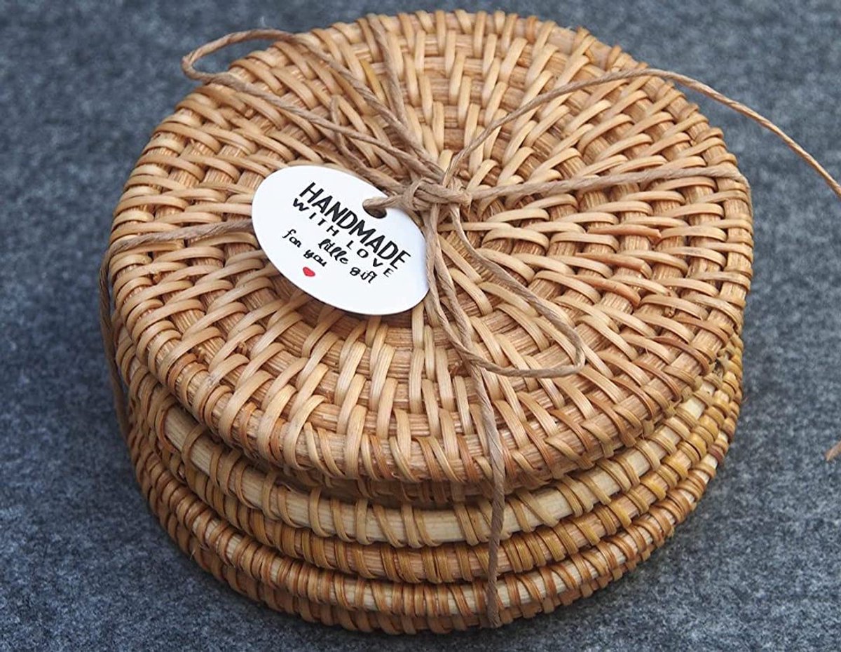 Wooloow rotan onderzetters set van 6, ronde glazen onderzetters Ø 10 cm, handgemaakte natuurlijke onderzetters voor drankjes, kopjes, bar, glas, vaas, duurzame tafelonderzetters