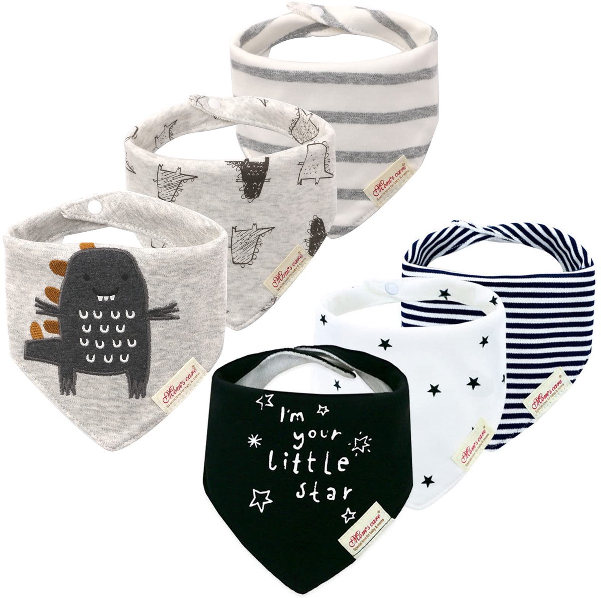 Image of 6-pack baby slabbetjes met driehoekige print, katoenen bandana's, verstelbare boerendoekjes, superabsorberende halsdoeken, 0-36 maanden, veelkleurig (F), 0-3 jaar