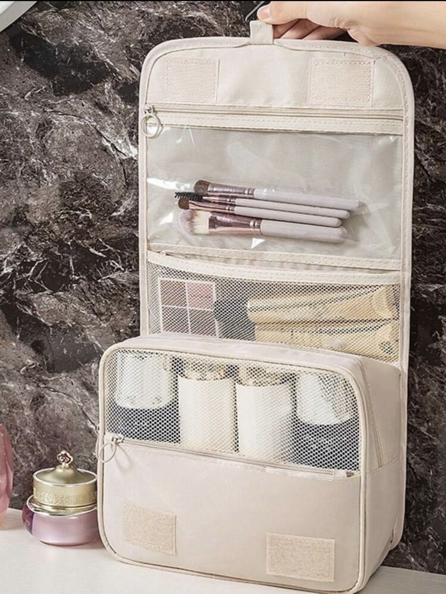 Travel Toilettas met Haak – Creme - Beige - Compacte & Opvouwbare Travel Organizer – 24x19x8 cm