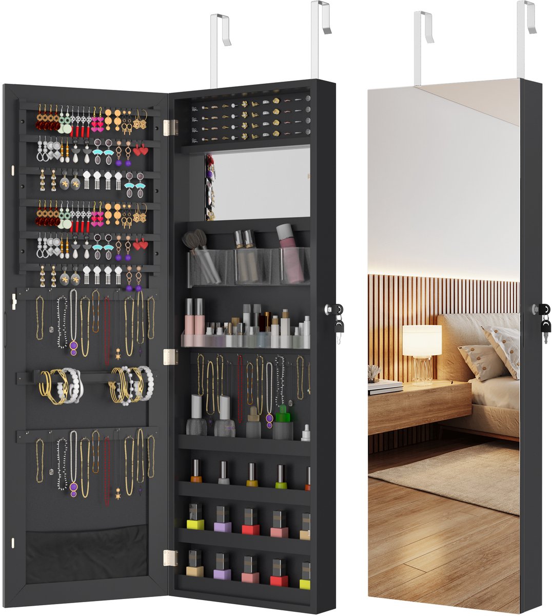 Sieradenkast Hangende Spiegelkast Afsluitbare Sieraden Organizer Met Spiegel Make-up Kastdeur / Wandmontage - Zwart
