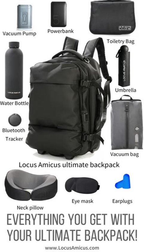 Locus Amicus Luxe 2-in-1 Handbagage Koffer & Rugzak - 11-delig Reispakket met Powerbank & Tracker - Ideaal Reiscadeau