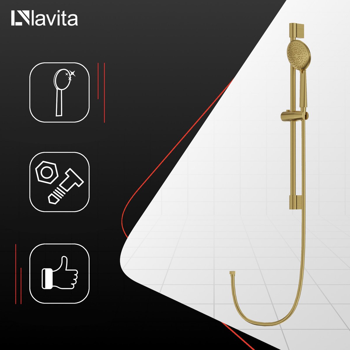 LAVITA ORION - Glijstang Doucheset - Goud - 5-standen Handdouche - 150cm Slang - Messing - Luxe Design