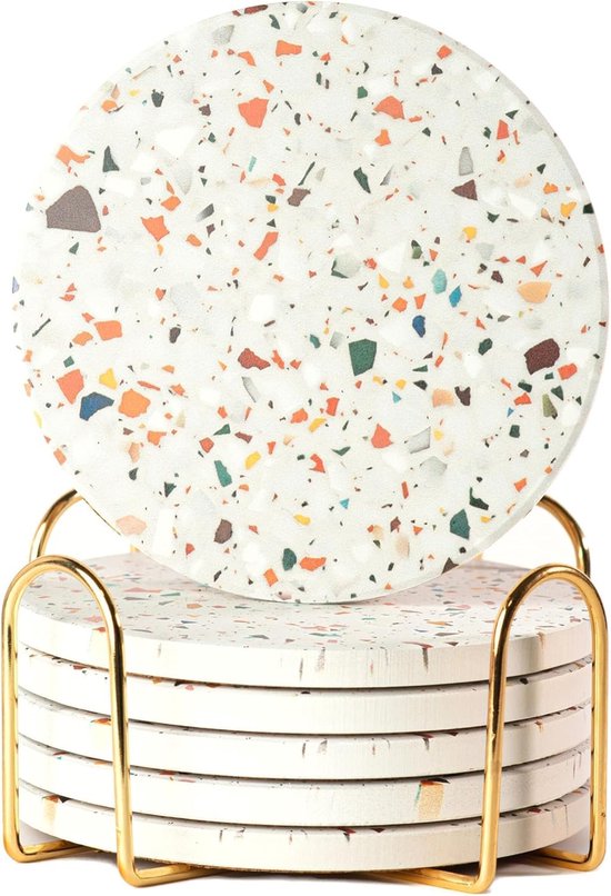 Sous-verres BOTC avec support - 6 pièces - Ensemble de sous-verres - Sous-verres en céramique - Marbre Terrazzo