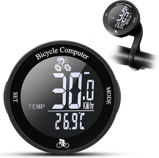 Zwarte ronde fietscomputer met digitaal display, gemonteerd op een fietsstuur. Close-up van de computer.
