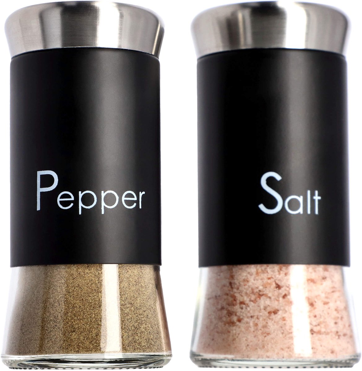 en peperstrooier, set van 2, 150 ml, strooier van glas en roestvrij staal, zoutvaatje met middendeksel, kruidenstrooier, kruidenpotjes (zwart)