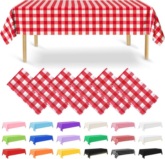 6 Stuks Wegwerp Plastic Tafelkleden 137 X 275 Cm Rode Gingham 