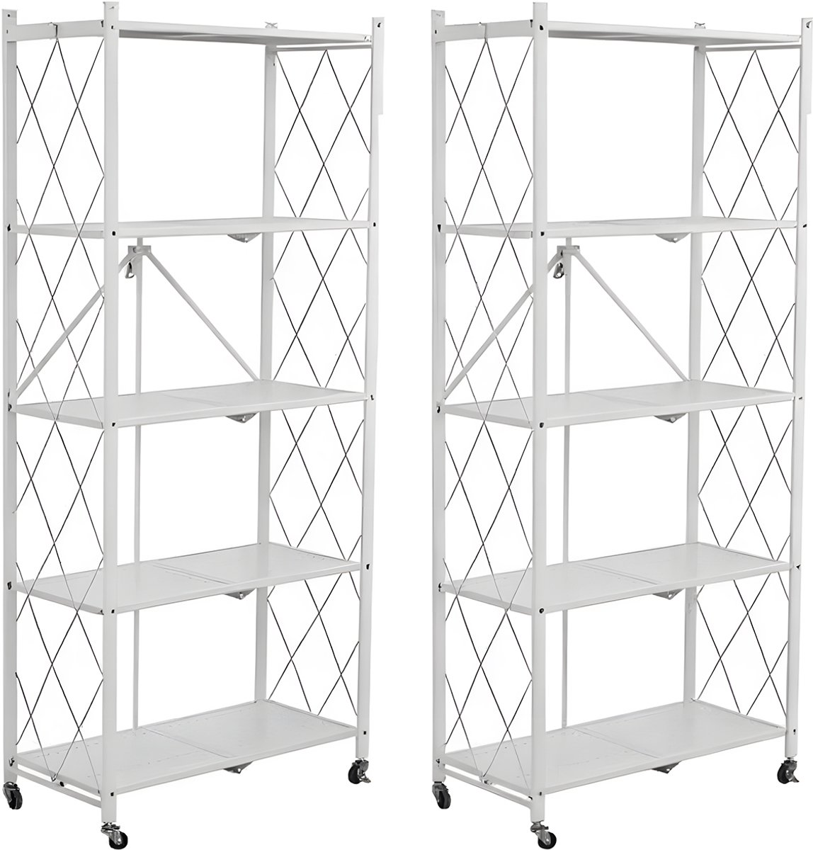 FOXSPORT Inklapbare plank kast - 2 stuks - Stellingkast Met 360° wielen - 5 laags 72x37x163CM - Open Vakkenkast - Wandkast - Keuken Organizer - Keuken Opslag - Boekenkast - Opbergrek Magnetron - Keukenrek - Roestvrij Staal - Wit - Set van 2