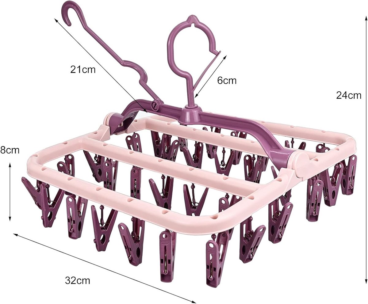 Wasrek - droogrek inklapbaar - kunststof hangdroger met 32 wasknijpers - droogrek hangend - babykleding, ondergoed, sokken - droogrekken - roze