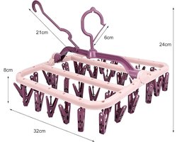 Wasrek - droogrek inklapbaar - kunststof hangdroger met 32 wasknijpers - droogrek hangend - babykleding, ondergoed, sokken - droogrekken - roze