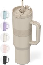 ONYX Drinkfles met Rietje 1.2 Liter - Waterfles voor Kinderen & Volwassenen - Thermosbeker RVS Travel Mug - Motiverende Drinkbus - Drinkbeker voor School - Sand Beige