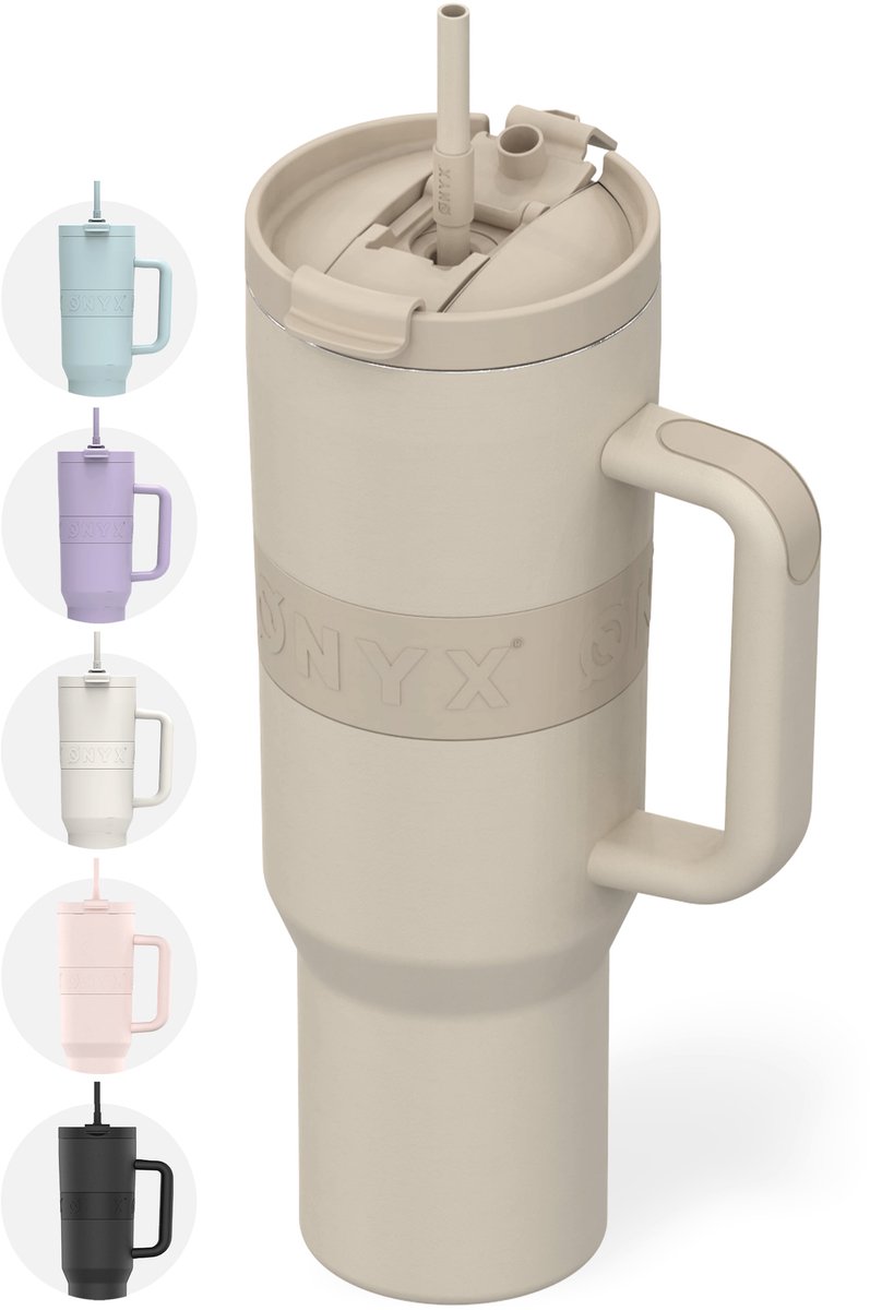 ONYX Drinkfles met Rietje 1.2 Liter - Waterfles voor Kinderen & Volwassenen - Thermosbeker Travel Mug - Motiverende Drinkbus - Drinkbeker voor School - Beige