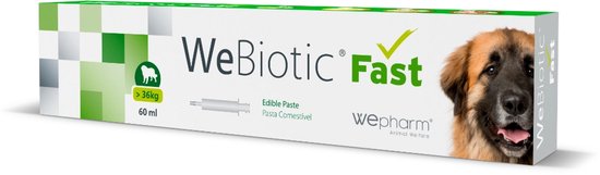 Verpakking van WeBiotic Fast met 60ml edible paste, groen-wit ruitpatroon, tekst en kop van een hond.