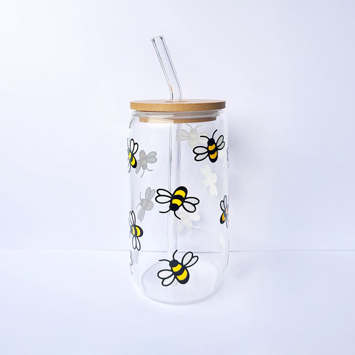 Glazen drinkbeker met rietje origineel bijtjes design