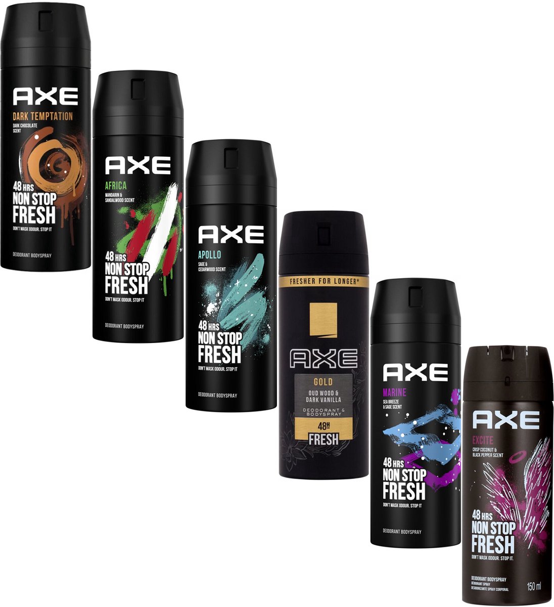 Axe Deodorant Spray 12 stuks - Voordeelverpakking Deo - 2X Dark Temptation - 2x Africa - 2x Apollo - 2x Gold - 2x Marine - 2x Excite