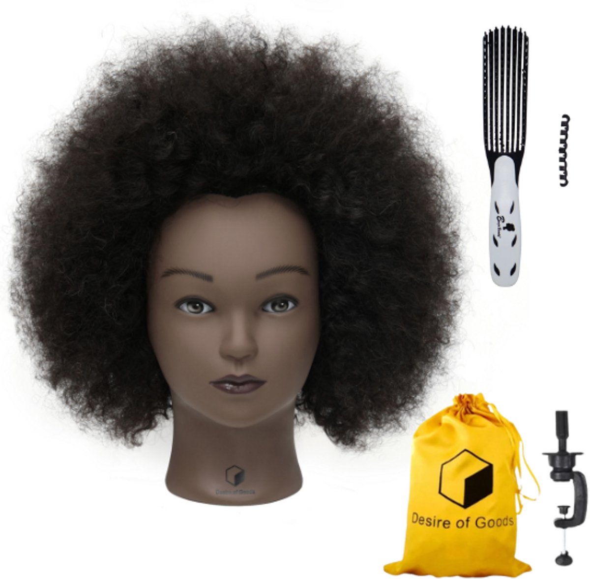 Desire of Goods Afro oefenhoofd kappershoofd - Kaphoofd voor meisjes - Donkerbruin haar - Met anti klit haarborstel en tafelklem - Echt haar - 40 cm
