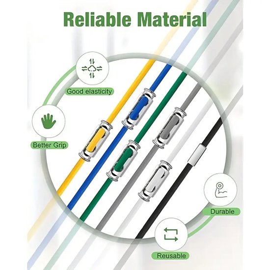 Verschillende gekleurde elastieken met metalen sluiting: geel, blauw, groen, grijs en zwart. Goede elasticiteit, grip en duurzaamheid.