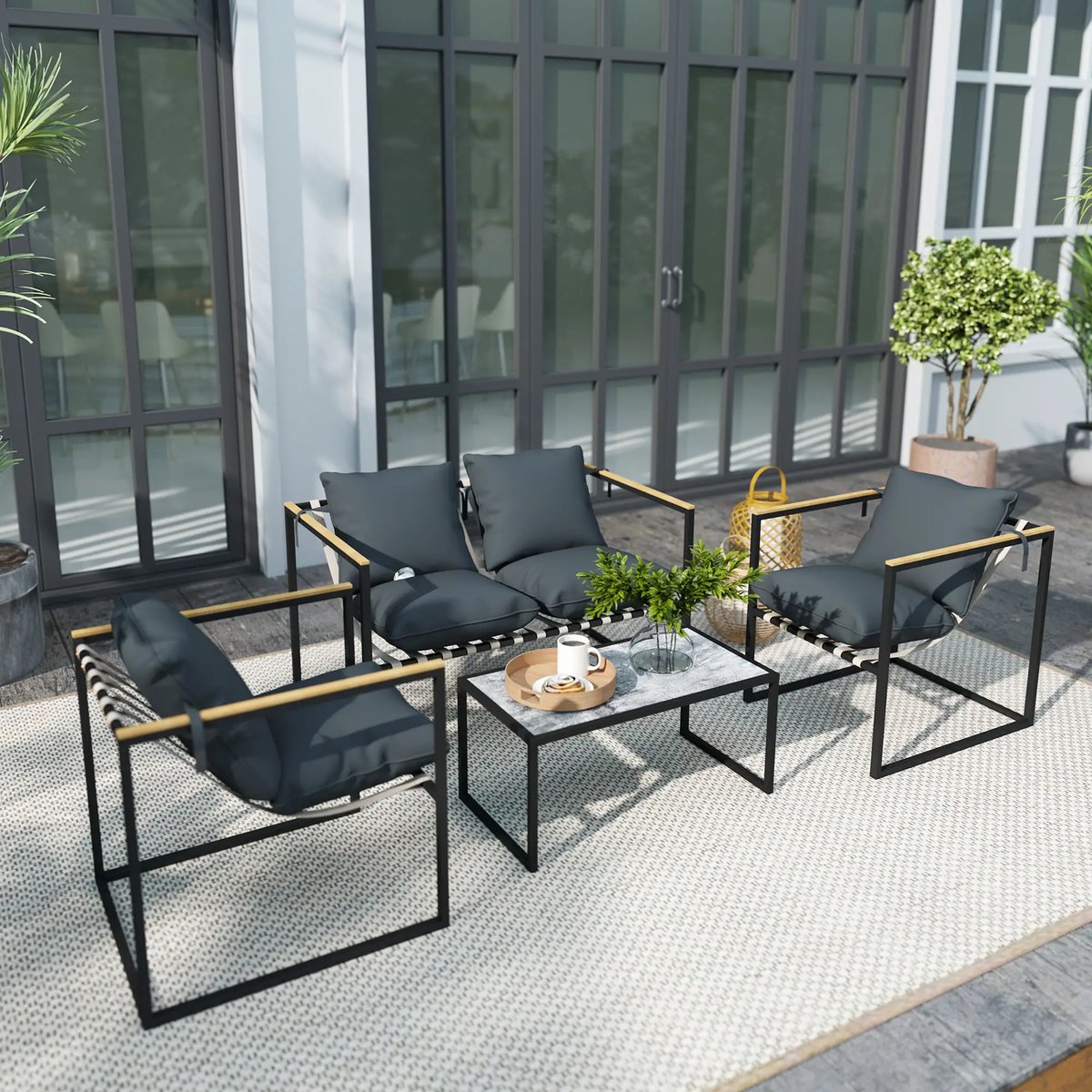 Pugsdrly 4-delige tuinmeubelset, outdoormeubelset, 2 fauteuils, 2-zitsbank, 1 tafel, gestoffeerd, staal, polyester, grijs