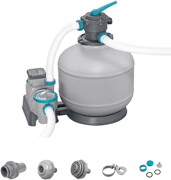 Grijze zandfilterpomp met turquoise details, inclusief diverse accessoires zoals slangen, koppelstukken en klemmen.